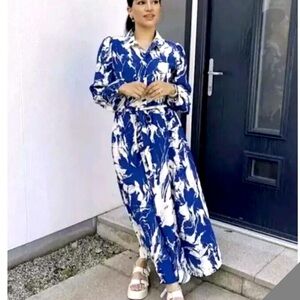 ZARA The Emilie Blue White Long Sleeve Bishop Collar Printed Button Midi Dress M